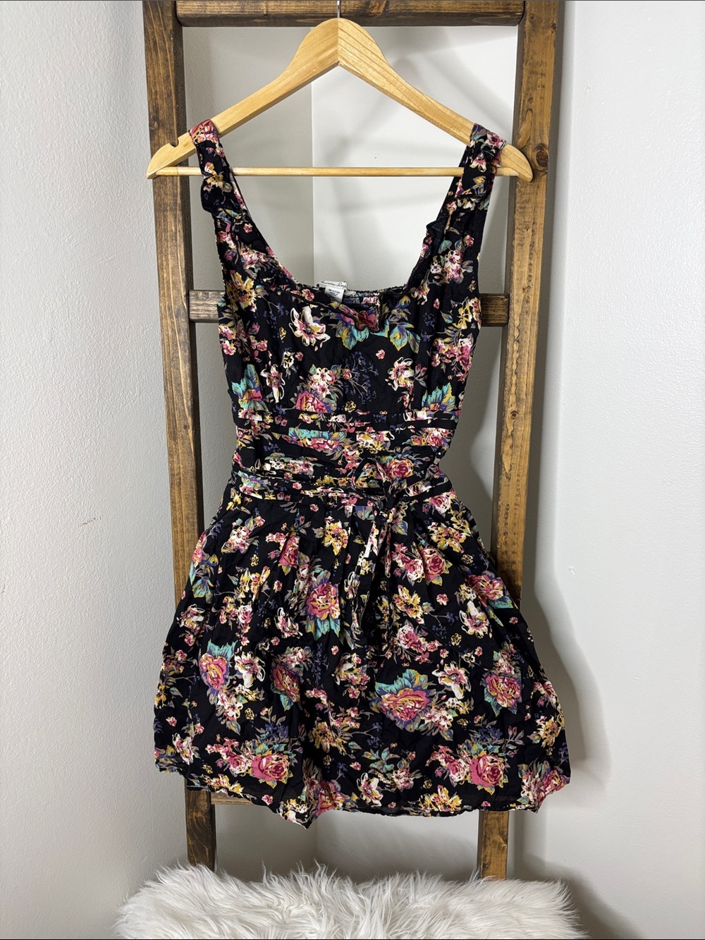 American Rag Black Floral Mini Dress with Multicolor Blooms Size M